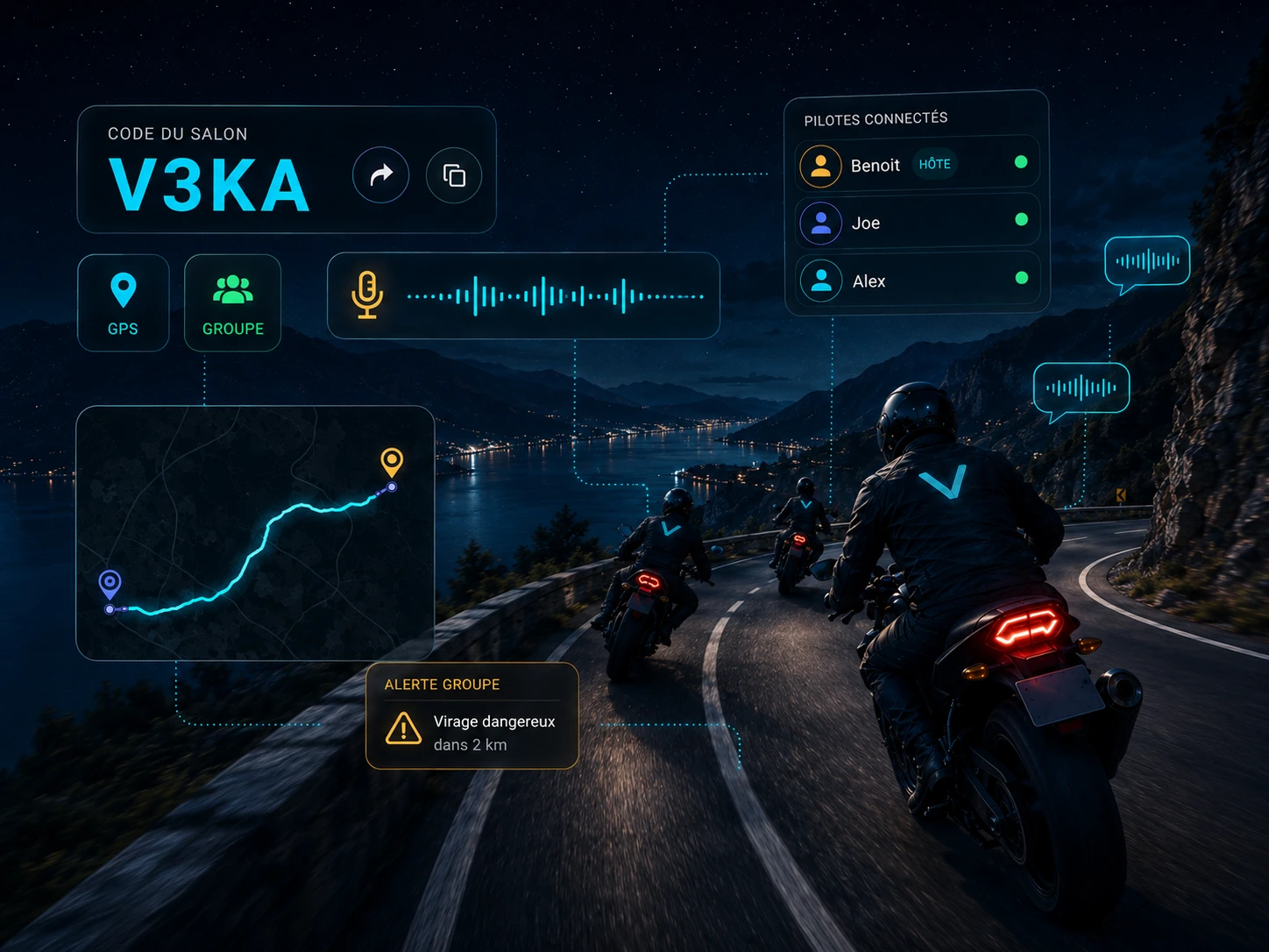 Motorcyclists using VocAll during a group ride with intercom, group map and alerts